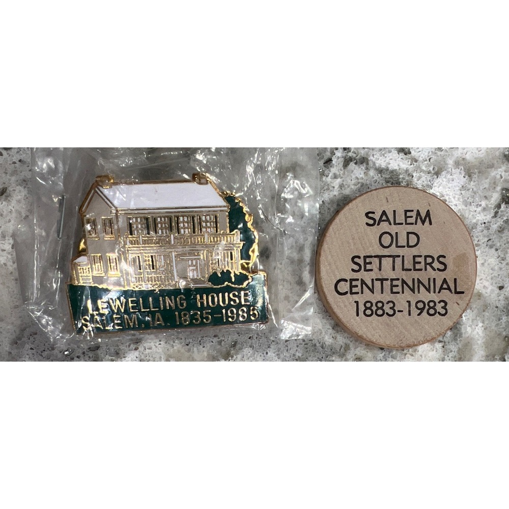 Lot Of 2 Salem Iowa Souvenirs/ Lewelling House Pin, Old Settlers Wooden Coin